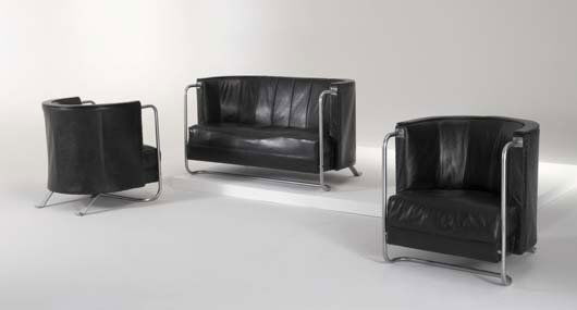 GILBERT ROHDE, 1884-1944: Pair of chairs, model no. 160, and sofa, model no. 160-44, ca. 1934 Tubular flat bar chrome steel, vinyl. Each chair: 27 ¾ in. (70.5 cm) high; sofa: 27 ⅛ x 47 ⅜ x 26 ¾ in.