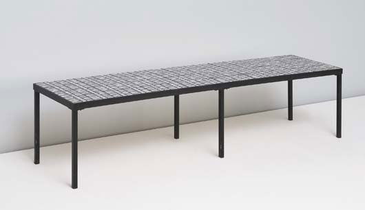ROGER CAPRON, B. 1922: Coffee table, ca. 1960 Glazed ceramic tiles, coated steel. 15 ½ x 63 x 16 in. (39.4 x 160 x 40.6 cm)