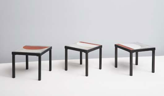ROGER CAPRON, B. 1922: Set of three tables, ca. 1960 Glazed ceramic tiles, coated steel. Each: 12 ⅛ x 12 ⅛ x 12 ⅛ in. (30.8 x 30.8 x 30.8 cm) One table signed in glaze "R. CAPRON" (3).