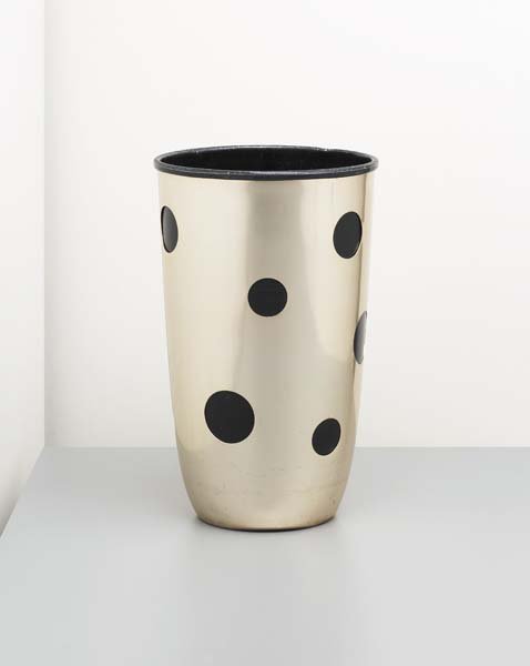 ETTORE SOTTSASS, B. 1917: Umbrella stand, ca. 1955 Anodized and polished aluminum. 18 ½ in. (47 cm) high, 11 ⅞ in. (29 cm) diameter Manufactured by Rinnovel, Italy and retailed by Raymor, USA. Underside impressed