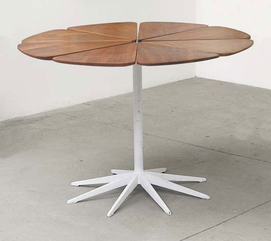 RICHARD SCHULTZ b. 1926: Petal" dinette table, model no. 322R, 1960s Redwood, painted cast aluminum, painted stainless steel. Manufactured by Knoll Associates, USA. Underside of base molded "703." 28 in. (71.1 cm) high, 40 ½