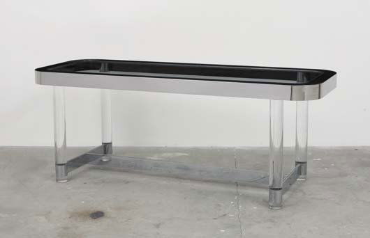 KARL SPRINGER: Console table, ca. 1965 Lucite, chrome-plated steel, glass, laminate. 30 x 78 ½ x 24 ¾ in. (76.2 x 199.4 x 62.9 cm)