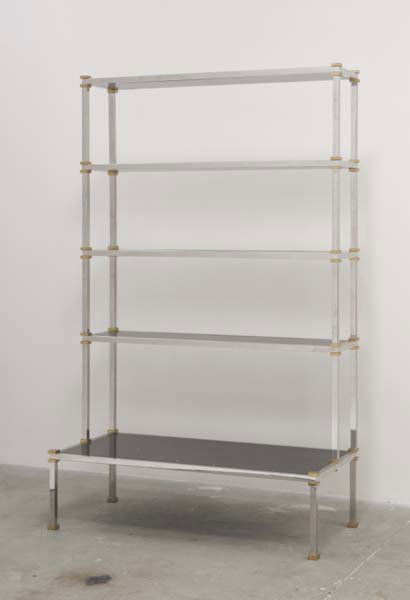 IN THE STYLE OF BRUETON: Etagere, 1970s Chrome-plated metal, painted wood, brass. 78 ½ x 48 x 23 ⅛ in. (199.4 x 121.9 x 58.7 cm)