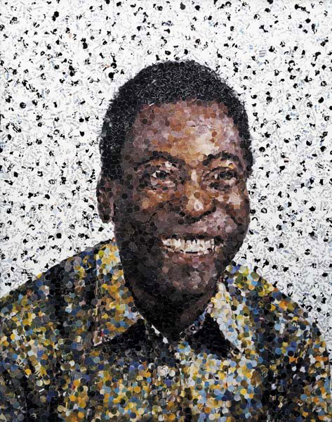 VIK MUNIZ, b. 1961: Edson (Pele) from Pictures of Magazines, 2003 Color coupler print. 49 x 39 in. (124.5 x 99.1 cm). Signed, titled, dated and numbered 5/6 in ink on a label affixed to the reverse of the flush-mount.