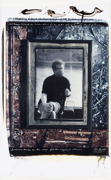 Peter Beard, b. 1938: Francis Bacon, rooftop of his studio, London, 1973 Polaroid print. 28 x 21 in. (71.1 x 53.3 cm). Signed, titled and dated in ink on the recto.