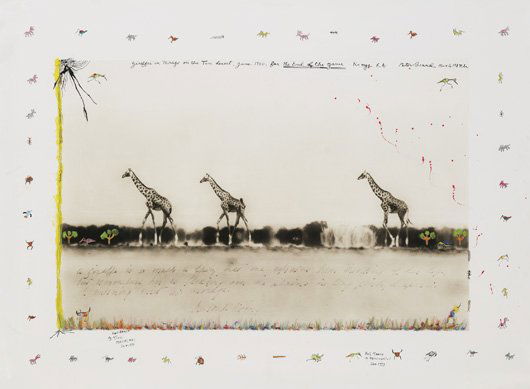 Peter Beard, b. 1938: Giraffes in Mirage on the Taru Desert, Kenya, 1960 Gelatin silver print with margin drawings in ink and crayon by Mwengi and Kivoi, printed 1999. 26 x 40 in. (66 x 101.6 cm). Signed, titled and dated