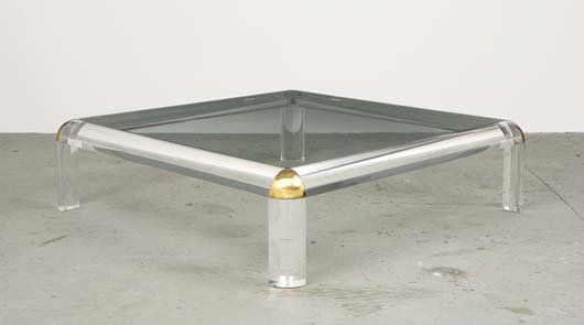 KARL SPRINGER, 1931-1991: Title: KARL SPRINGER, 1931-1991 Description: Large coffee table, 1970s Medium Dimensions Signature/Edition/Manufacture: Lucite, glass, brass. 16 x 58 x 58 in. (40.6 x 147.3 x 147.3 cm)