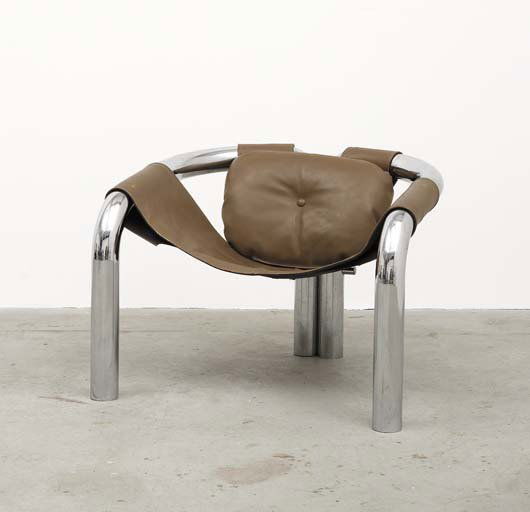 BYRON BOTKER: Title: BYRON BOTKER Description: "Palo Alto" armchair, ca. 1971 Medium Dimensions Signature/Edition/Manufacture: Chrome-plated tubular metal, leather, fabric. Manufactured by Landes Manufacturing Co.