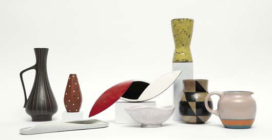 Eight vessels, 20th century: Maker: Eight vessels, 20th century Description: Glazed ceramic. Celery dish impressed "Russel Wright/Steubenville" to underside; tall pitcher stamped "1339/30" to underside; shorter pitcher painted w