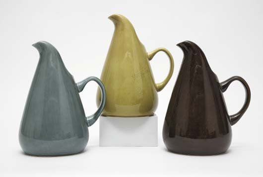 RUSSEL WRIGHT, 1904-1976: Maker: RUSSEL WRIGHT, 1904-1976 Title: Three "American Modern" pitchers, 1939-1959 Description: Glazed ceramic. Underside of each impressed "Russel Wright/Steubenville" (3). Each: 10 ½ x 8 &fr