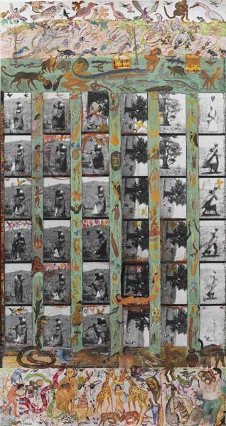 PETER BEARD, b. 1938: Massai Liobon Taiyana, February 9, 1990 Gelatin silver print with margin painting by Mwandi and Kivoi. 56 £x215b; x 29 £x215e; in. (142.6 x 75.9 cm) overall. Signed, titled, dated and extens