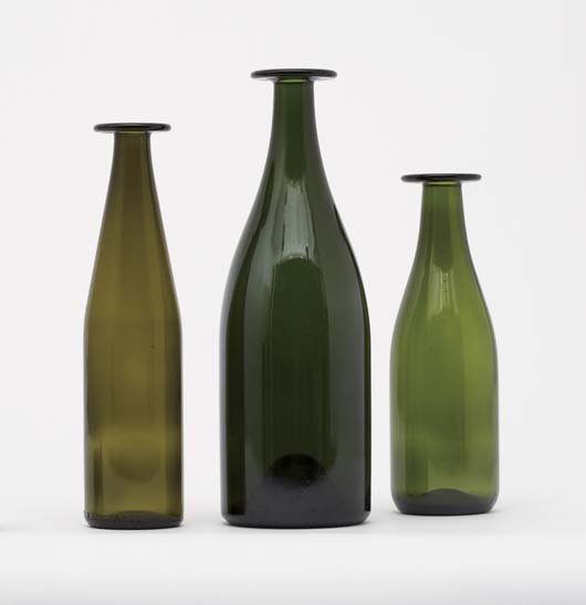 JASPER MORRISON, b. 1959: "Three Green Bottles", 1988 Colored glass. Manufactured by Cappellini, Italy. Underside of largest with paper label "PROGETTO/cappellini/OGGETTO" (3). Largest: 13 ½ in. (34.3 cm) high.