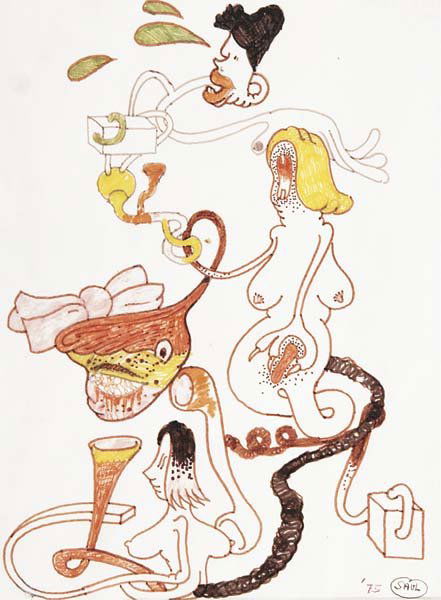 PETER SAUL, b. 1934: Untitled, 1975 Felt tip pen on paper. 11 x 8.5 in. (27.9 x 21.6 cm). Signed and dated lower edge. Inscribed on verso. Provenance: Acquired directly from the artist