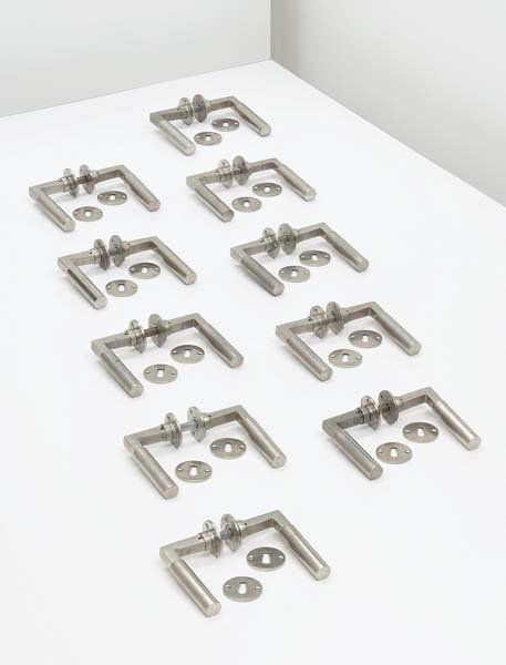 WALTER GROPIUS and ADOLF MEYER, 1883-1969, 1881-1: Ten sets of door handles with lock plates, ca. 1922 Nickle-plated metal. Each set: 6 ¼ x 5 in. (15.9 x 12.7 cm). Manufactured by S.A. Loevy, Germany (40). Literature: Klaus Weber, Die Metallwer