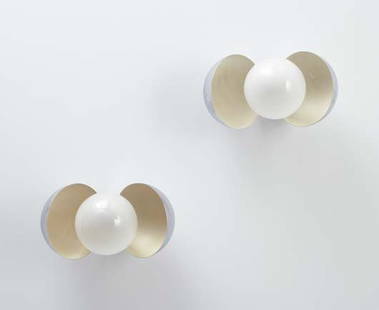 GIANEMILIO PIERO AND ANNA MONTI FOR FONTANA ARTE: Pair of "Diaframma" wall lights, ca. 1968 Chrome-plated metal, opaque glass, painted metal. Each: 12 in. (30.5 cm) deep, 19 in. (48.3 cm) wide, fully extended. Manufactured by Fontana Arte, Italy (2).