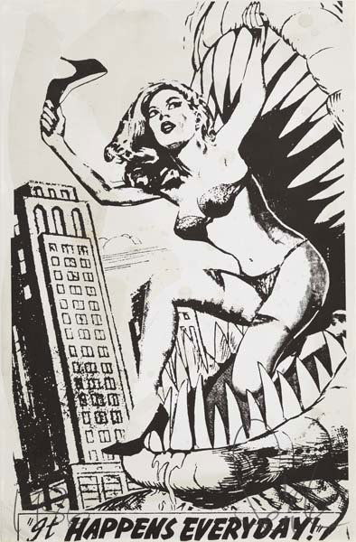 FAILE: Untitled (It Happens Everyday), 1986/2007. Screenprint and handcoloring on paper. 96.8 x 63.5 cm. (38 ⅛ x 25 in.) Signed and dated lower edge. Dated and numbered on verso. This work is from an e