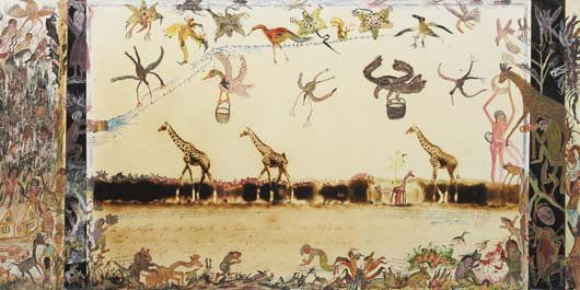 PETER BEARD, b. 1938 Giraffes in mirage on the Tar: PETER BEARD, b. 1938 Giraffes in mirage on the Taru Desert, Kenya, 1960 Toned gelatin silver print with margin painting by Mwandi and Kivoi, printed 1998. 49 ¾ x 98 ¼ in. (126.4 x 249.6