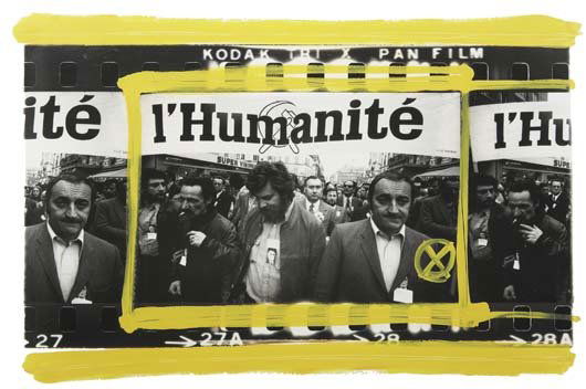 WILLIAM KLEIN, b. 1928 Humanite, Funeral Jacques D: WILLIAM KLEIN, b. 1928 Humanite, Funeral Jacques Duclos, Paris, 1974 Gelatin silver print with paint, printed 1990. 13 ¾ x 21 ¾ in. (34.9 x 55.2 cm). Signed, titled and dated in pencil o