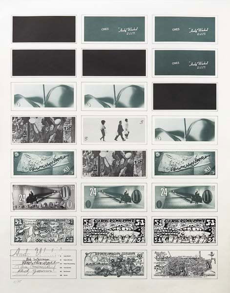 ANDY WARHOL, ROBERT WHITMAN, ROBERT RAUCHENBERG,: ANDY WARHOL, ROBERT WHITMAN, ROBERT RAUCHENBERG, TOM GORMLEY, RED GROOMS and MARISOL Art Cash, 1971 Offset lithograph. 27 ¾ x 22 in. (70.5 x 55.9 cm). Stamped by Andy Warhol; signed by the othe