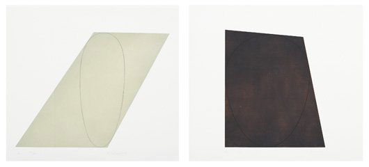 ROBERT MANGOLD, b. 1937 Attic Series: #4 and #5,: ROBERT MANGOLD, b. 1937Attic Series: #4 and #5, 1990-91 Two etching and aquatints in colors, on wove paper, with full margins, both I. 23 ¾ x 32 ¼ in. (60.3 x 81.9 cm).; both S. 31 &fra