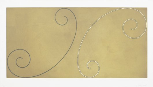 ROBERT MANGOLD, b. 1937 Curled Figure, 2002 Etchi: ROBERT MANGOLD, b. 1937Curled Figure, 2002 Etching and aquatint in colors, on Arches paper, with full margins, I. 20 ½ x 40 ¾ in. (52.1 x 103.5 cm).; S. 25 x 44 7#8540; in. (63.5 x 112.7