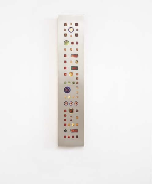 ANGELO LELLI Large "Murrine" wall light, ca. 1970 S: ANGELO LELLI Large "Murrine" wall light, ca. 1970 Stainless steel, painted metal, plastic, glass murrines. 42 x 8 ¼ x 2 ½ in. (106.7 x 21 x 6.4 cm). Manufactured by Arredoluce, Italy and