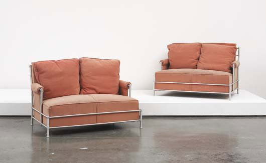WARREN MCARTHUR, 1885-1961 Pair of "Park Avenue" se: WARREN MCARTHUR, 1885-1961 Pair of "Park Avenue" settees, ca. 1930 Anodized tubular aluminum, fabric. Each: 33 x 49 x 32 in. (83.8 x 124.5 x 81.3 cm). Manufactured by Warren McArthur Corporation, USA.
