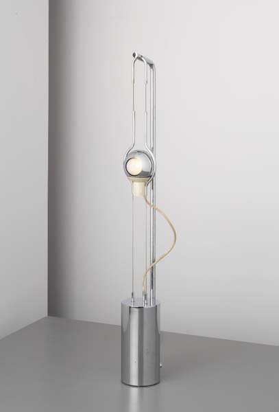 ANGELO LELLI Rare "Filosfera" table lamp, 1960s Ch: ANGELO LELLI Rare "Filosfera" table lamp, 1960s Chrome-plated metal, painted metal. 29 ¾ in. (75.6 cm)high. Manufactured by Arredoluce, Italy. Underside with paper label "MADE IN ITALY/ARRE
