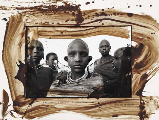 PETER BEARD, b. 1938 Masai Prince, 1964 Gelatin s: PETER BEARD, b. 1938 Masai Prince, 1964 Gelatin silver print with ink, blood and an affixed feather, printed later. 22 x 28 in. (55.9 x 71.1 cm). Signed, dated and extensively annotated in ink, blood