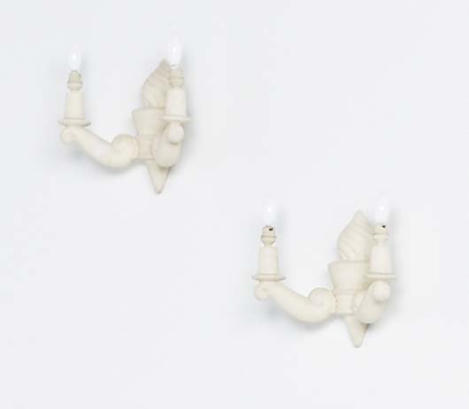IN THE STYLE OF ANDRE ARBUS, 1903 - 1969 Pair of sco: IN THE STYLE OF ANDRE ARBUS, 1903 - 1969 Pair of sconces, 1940s Painted plaster, painted metal. Each: 10 ½ x 13 ¼ x 5 ¾ in. (26.7 x 33.7 x 14.6 cm). Back of each molded with "ARLU