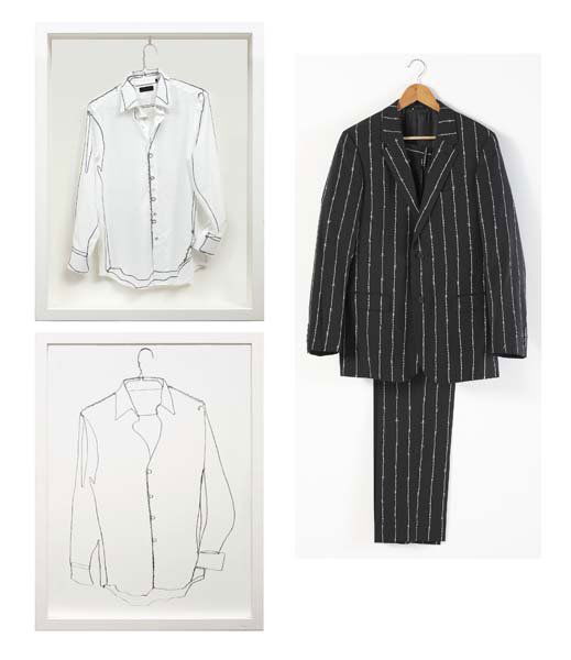 VIK MUNIZ, b. 1961 Three works: (i) Diptych: White: VIK MUNIZ, b. 1961 Three works: (i) Diptych: White Shirt; (ii) Suit on Hanger, 2006 (i) Painted shirt and c-print in artist's frame; (ii) Painted suit. (i) Each 42 ½ x 32 ⅝ in. (108 x 82.