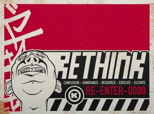 DAVE KINSEY, b. 1971 Rethink.org, 2000 Screenprint: DAVE KINSEY, b. 1971 Rethink.org, 2000 Screenprint on wood. 18 x 24 x ¼ in. (45.7 x 61 x .6 cm). Signed and dated lower edge. This work is unique. PROVENANCE Private collection, Germany