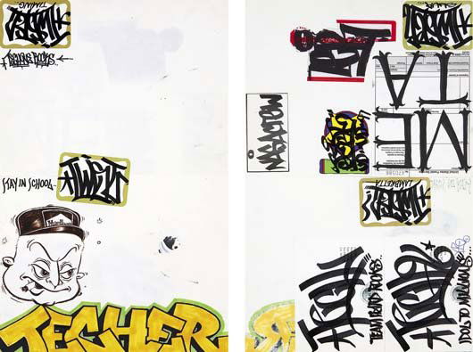 BARRY MCGEE & MARGARET KILGALLEN, b. 1966 and 1967: BARRY MCGEE & MARGARET KILGALLEN, b. 1966 and 1967-2001 Untitled, c.1997 Colored marker, sharpie and ink on sticker on double-sided paper page from the artists' sketchbook. 17 ⅜ x 11 in. (44.1 x