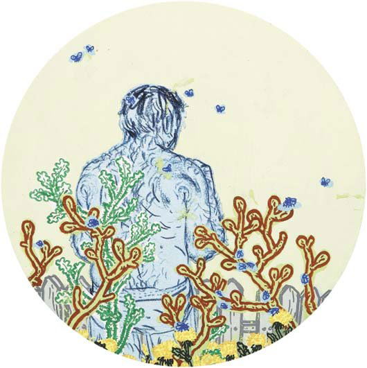 TAYLOR MCKIMENS, b.1976 Untitled (Drawing in a Fie: TAYLOR MCKIMENS, b.1976 Untitled (Drawing in a Field), 2004 Acrylic and pencil on paper collage on wood. 9 ¾ in. (24.8 cm) diameter. Signed, titled and dated on verso. PROVENANCE Community Outr