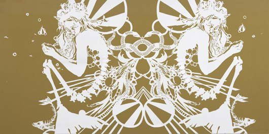 SWOON, b. 1978 Miss Rockaway, 2007 Screenprint and: SWOON, b. 1978 Miss Rockaway, 2007 Screenprint and acrylic on fabric. 57 x 114 in. (144.8 x 289.6 cm). Signed lower edge. This work is an artist's proof aside from an edition of 10. PROVENANCE Private