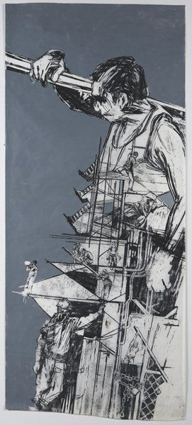 SWOON, b. 1978 Study of a Construction Worker, 20: SWOON, b. 1978 Study of a Construction Worker, 2005 Linocut with hand-painting in grey, on semi-transparent Mylar, the full sheet, S. 83 ¼ x 36 ¼ in. (211.5 x 92.1 cm). A unique variant