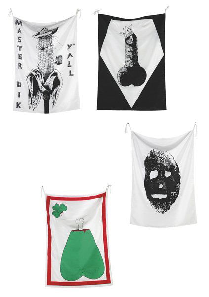 MIKE KELLEY, b. 1954 Pansy metal/clovered hoof: f: MIKE KELLEY, b. 1954 Pansy metal/clovered hoof: four pieces, 1989 Four screenprints (one in colors), on silk banner, the full sheets, All S. 52 ½ x 37 ½ in. (133.4 x 95.3 cm). All signe