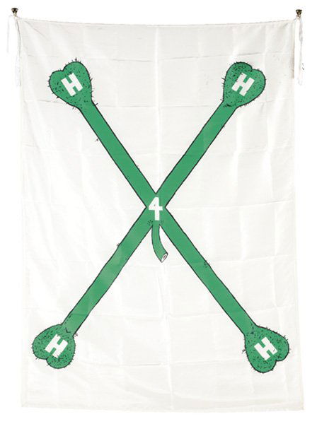 MIKE KELLEY, b. 1954 Pansy metal/clovered hoof: H: MIKE KELLEY, b. 1954 Pansy metal/clovered hoof: Hangin Heavy Hairy Horny, 1989 Screenprint in colors, on silk banner, the full sheet, S. 37 ½ x 52 ¼ in. (95.3 x 132.7 cm). Signed dated a