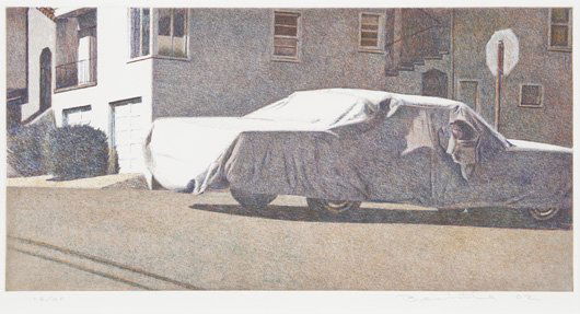 ROBERT BECHTLE, b. 1932 Covered Car - Missouri St: ROBERT BECHTLE, b. 1932 Covered Car - Missouri Street, 2002 Etching with aquatint in colors, on Somerset textured white paper, with full margins, I. 8 x 15 ⅞ in. (20.3 x 40.3 cm) S. 16 x 23 in.