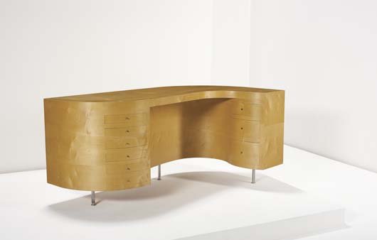JASPER MORRISON, b. 1959 "Plywood" desk, ca. 1988: JASPER MORRISON, b. 1959 "Plywood" desk, ca. 1988 Laminated plywood, plywood, steel. Produced by Galerie Neotu, UK. From an edition of ten. 28 x 60 x 34 ½ in. (71.1 x 152.4 x 87.6 cm.) Litera