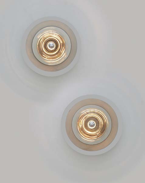 PIERRE CARDIN, b. 1922 Set of four large wall lig: PIERRE CARDIN, b. 1922 Set of four large wall lights, 1970s Colored and clear glass, painted metal, brass. Manufactured by Venini, Italy. Each light fitting impressed "venini/MURANO/MADE IN ITALY"