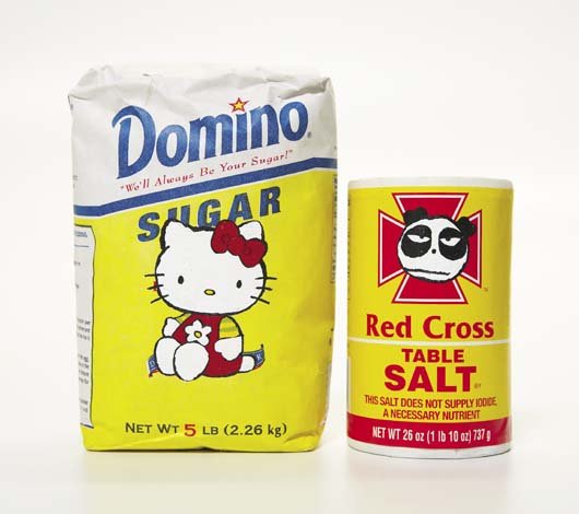 TOM SACHS, b. 1966: Two works: (i) Untitled (Domino Sugar Hello Kitty Striped Shirt), 2003; (ii) Untitled (Red Cross Salt Pandaba), 2003 (i) Acrylic on sugar bag; (ii) acrylic on salt box. (i) 7 3/4 x 5 x 4 1/4 in. (19.7