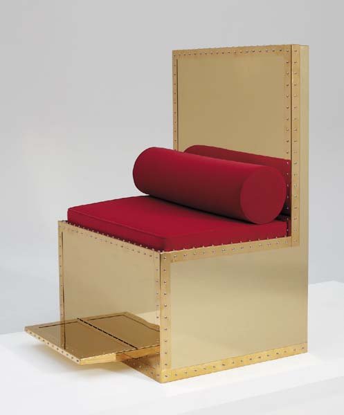 MATTIA BONETTI, b. 1953: "Le Trône de Dictateur" from the operatic production "Lucio Silla," Lausanne, Switzerland, 2000 Plastic laminate-covered wood, brass, fabric. 55 1/2 x 39 5/8 x 42 1/2 in. (141 x 100.6 x 108 cm).