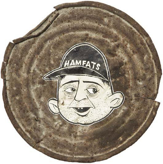 BARRY MCGEE, b. 1966: Ham Fats, ca. 1995 Oil on rusted paint can lid. 6 1/2 in. (16.5 cm) diameter. PROVENANCE The Luggage Store, San Francisco