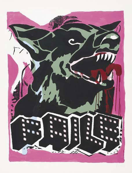 FAILE, active since 1999: Faile Dog, 2004 Screenprint and acrylic on paper. 50 x 38 in. (127 x 96.5 cm). Signed and dated lower edge. This work is from a varied edition of 15. PROVENANCE Acquired directly from the artist