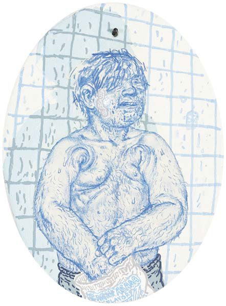 TAYLOR MCKIMENS, b. 1976: Carne Asada Flavor, 2006 Acrylic and wax pencil on paper collage on Masonite. 7 x 5 1/4 in. (17.8 x 13.3 cm). Signed, titled and dated on verso. PROVENANCE Paul Bright, Toronto