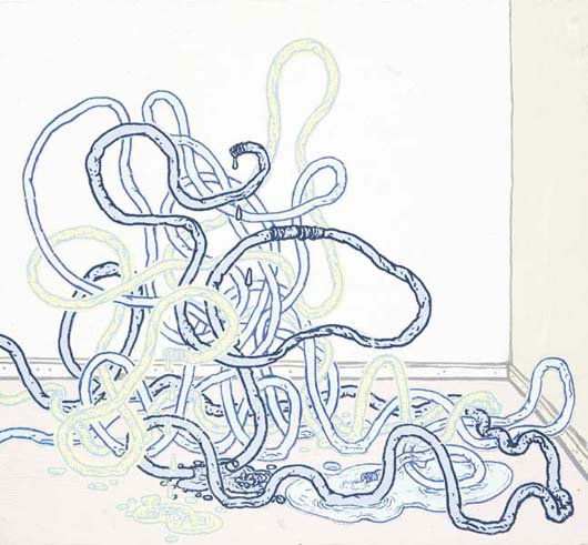 TAYLOR MCKIMENS, b. 1976: Cords, 2005 Acrylic on paper collage on wood. 16 x 17 1/2 in. (40.6 x 44.5 cm). Signed, titled and dated on verso. PROVENANCE Paul Bright, Toronto