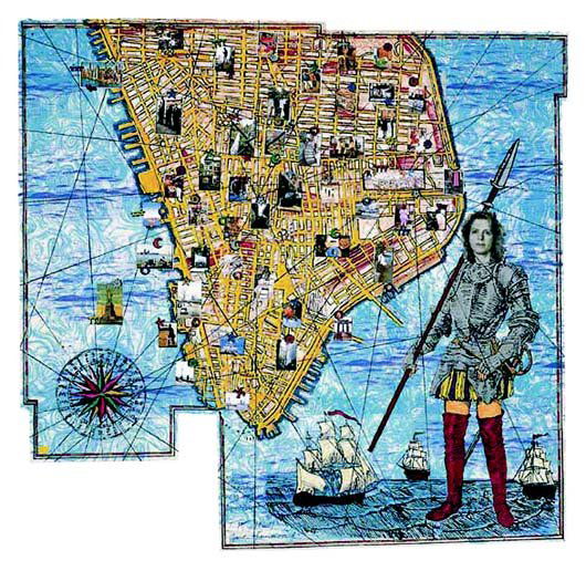 JANE HAMMOND, 1997: The Wonderfulness of Downtown, b. 1950 Lithograph and screenprint in colors with collage, on Kasuiri, Nepalese and Cortlea Text paper, the full sheet, S. 59 1/4 x 62 in. (150.5 x 157.5 cm). signed, ti