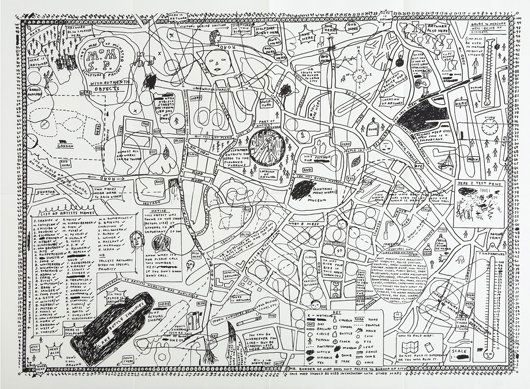 DAVID SHRIGLEY, 1997: Map of Sculpture Project in Münster, b. 1968 Screenprint, on Hanhemühle paper, with full margins, I. 28 1/4 x 38 3/4 in. (71.8 x 98.4 cm); S. 30 1/4 x 41 3/4 in. (76.8 x 106 cm). signed, dated '1997