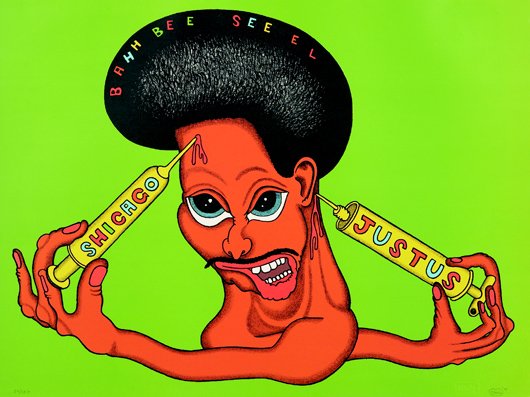 PETER SAUL, 1971: Schicago Justus, from Conspiracy: The Artist as Witness portfolio, b. 1934 Lithograph in colors, on Arches paper, the full sheet, S. 18 x 24 in. (45.7 x 61 cm). signed, dated `71 ' and numbered 84/150